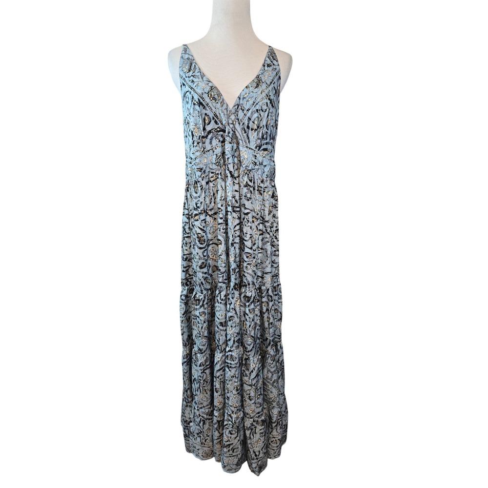 White‎ Waves Blue Gold Foil Abstract Tiered Maxi Dress NWT Womens L/XL